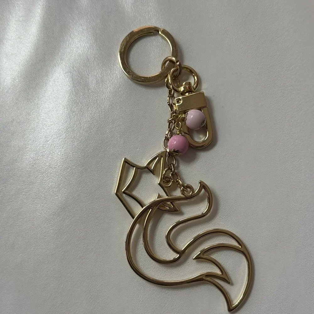 Gold Tone Fox Charm Keychain with Pink Beads‎ and Clip Key Ring Womens